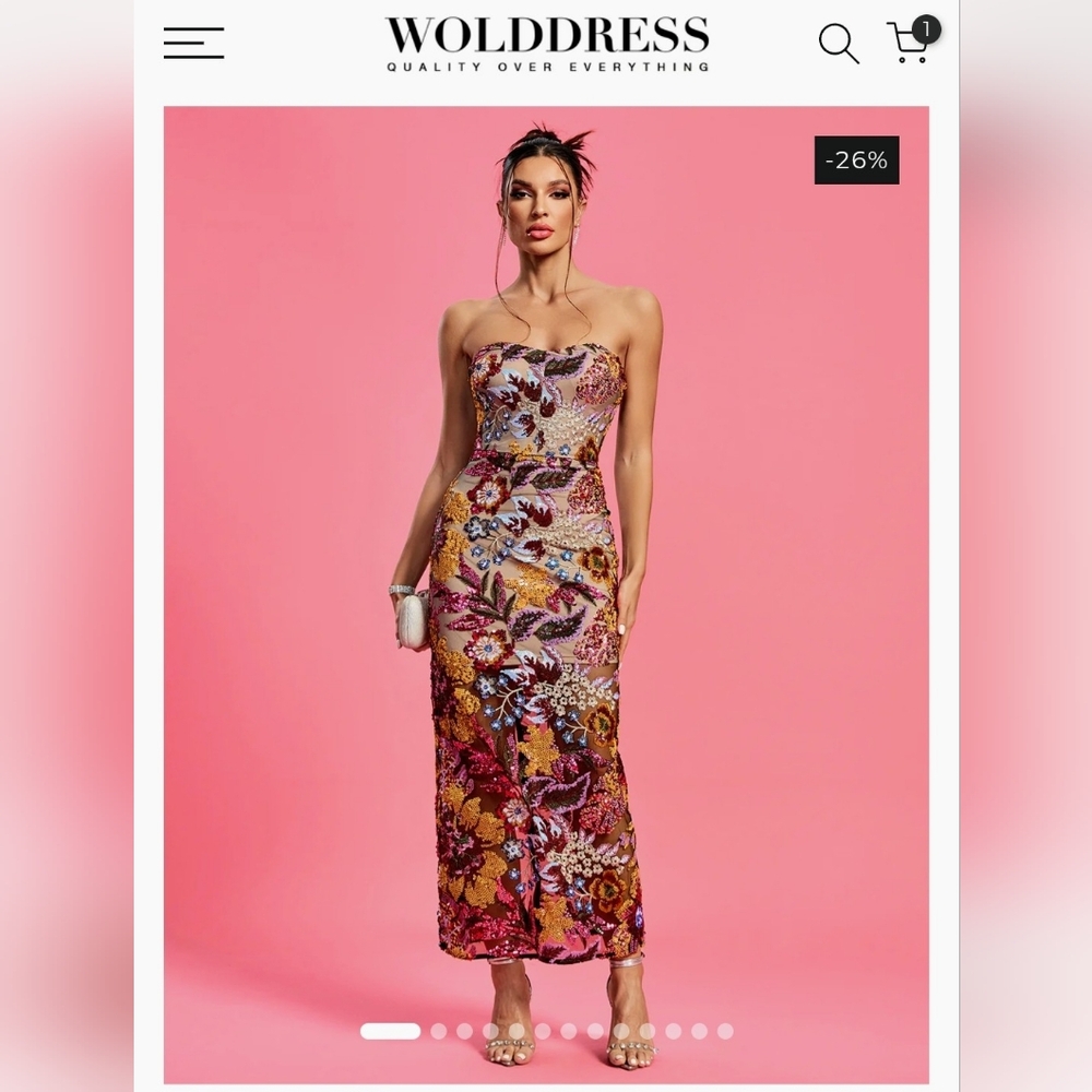 NEVER WORN strapless Floral Sequin Midi Dress in Pink Multi